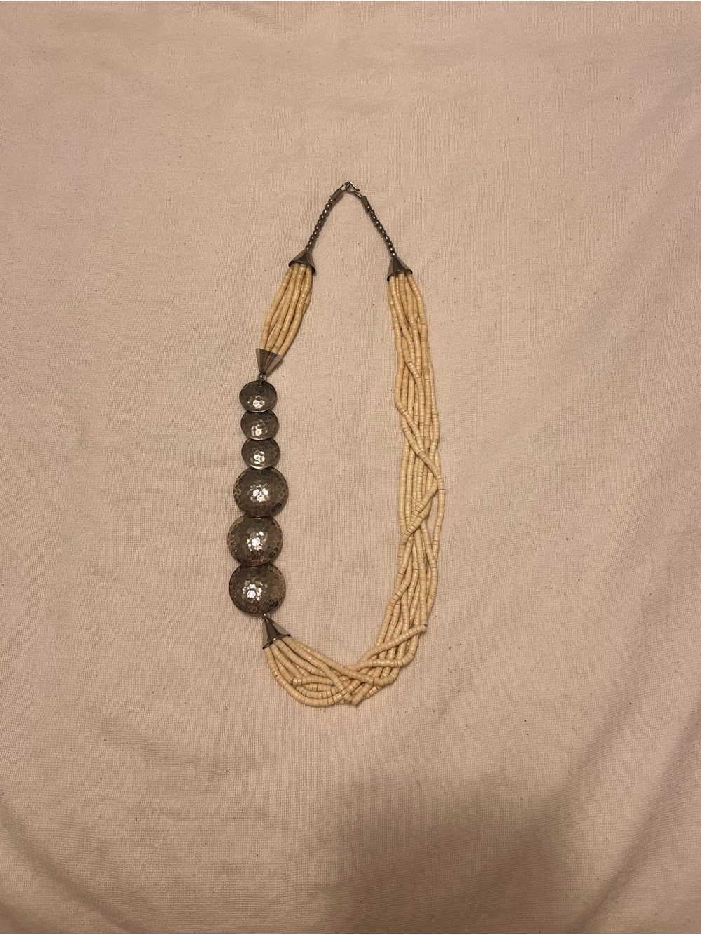 Beaded Multi-Strand Necklace with Pewter Discs - Cream